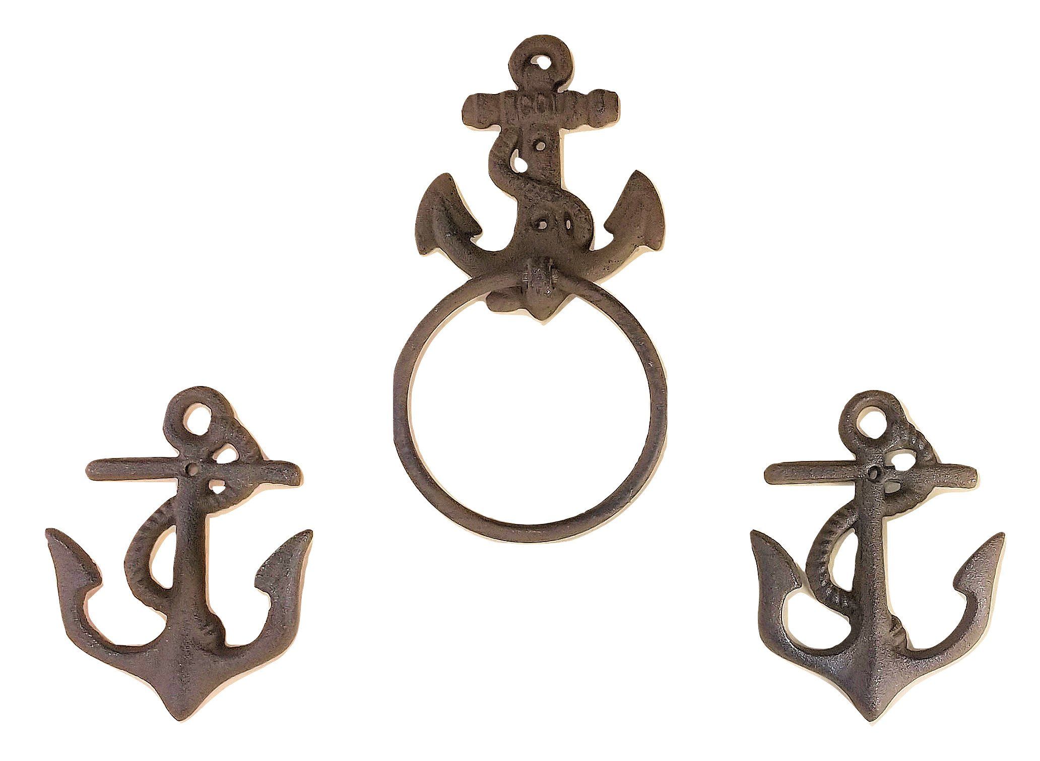3pc Nautical Anchor Towel Ring and Hook Set Cast Iron